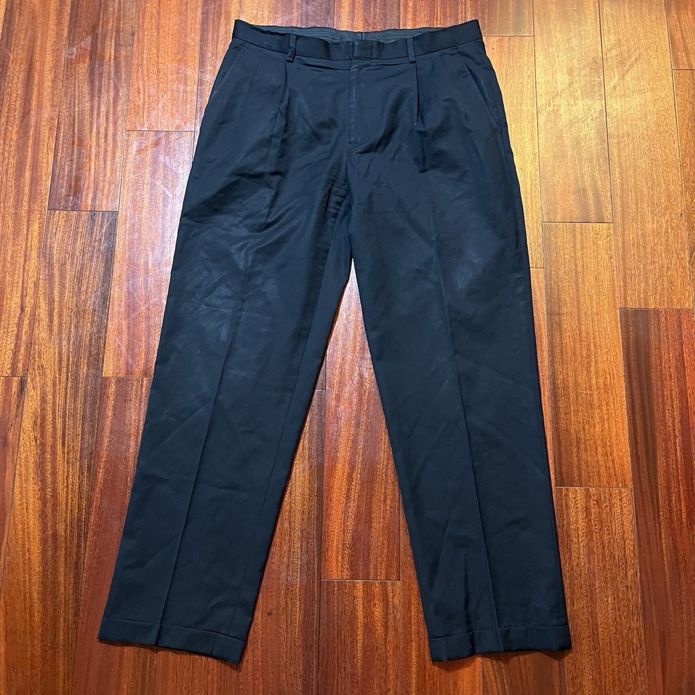Jos A Bank Pants Mens 35x32 Dark Navy Blue 100% Wool Pleated Cuffed Preppy